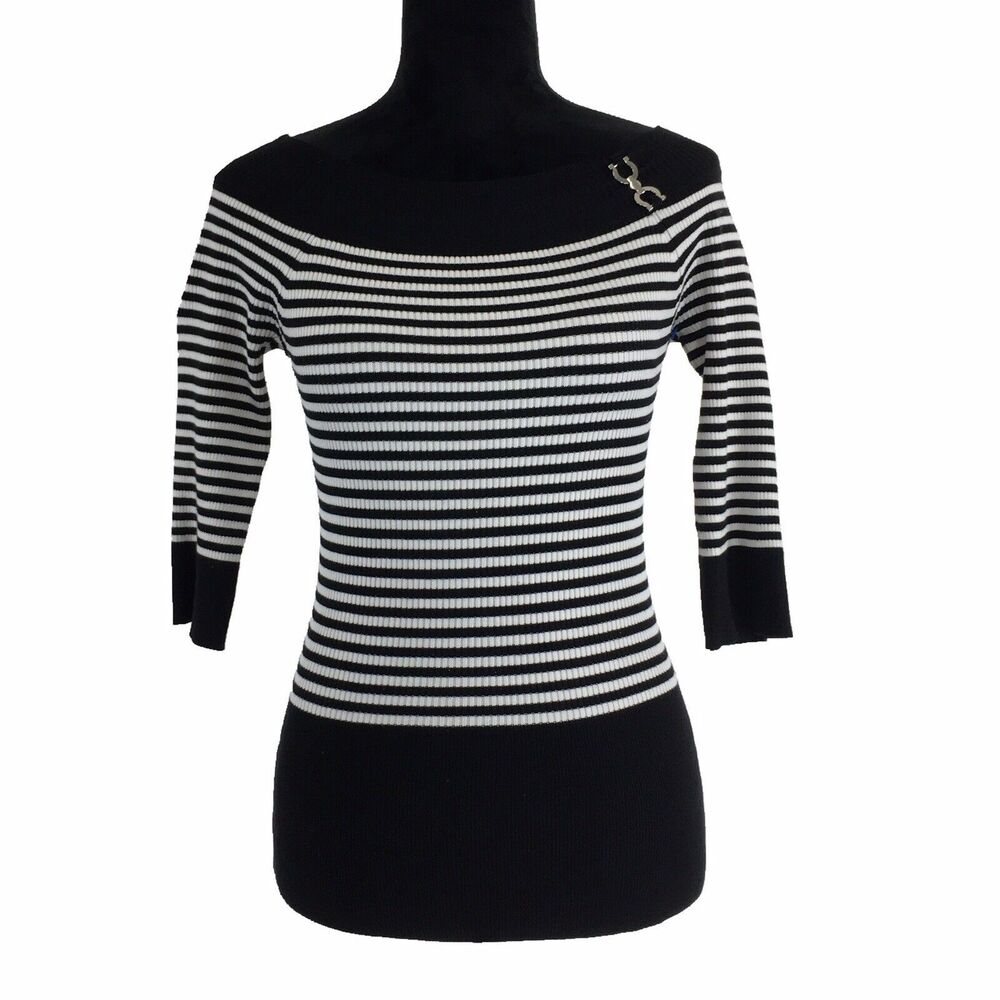 White House Black Market‎ Top XS Stripe Boat Neck Silver Horse Shoe Buckle Knit